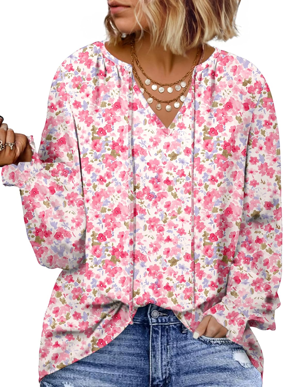 Eytino Plus Size Tops for Women V Neck Long Sleeve Drawstring Floral Boho Print Blouse Shirts Vacation Outfits(1X-5X)