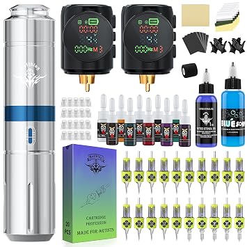 Tattoo Gun Kit Wireless Tattoo Machine Kit with OLED Display 2PCS 1500mAh Battery for Long-Time Work 20PCS Tattoo Needles Black & Color Ink Set Complete Beginners Tattoo Supplies SetSilver