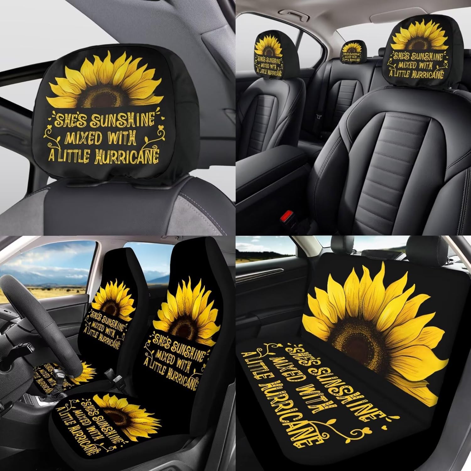 Sunflower Print Car Seat Covers Full Set for Front and Rear 12 Pack Auto Interior Accessories Seat Steering Wheel Cover Armrest Cushion Headrest Covers for SUV Truck Sedan
