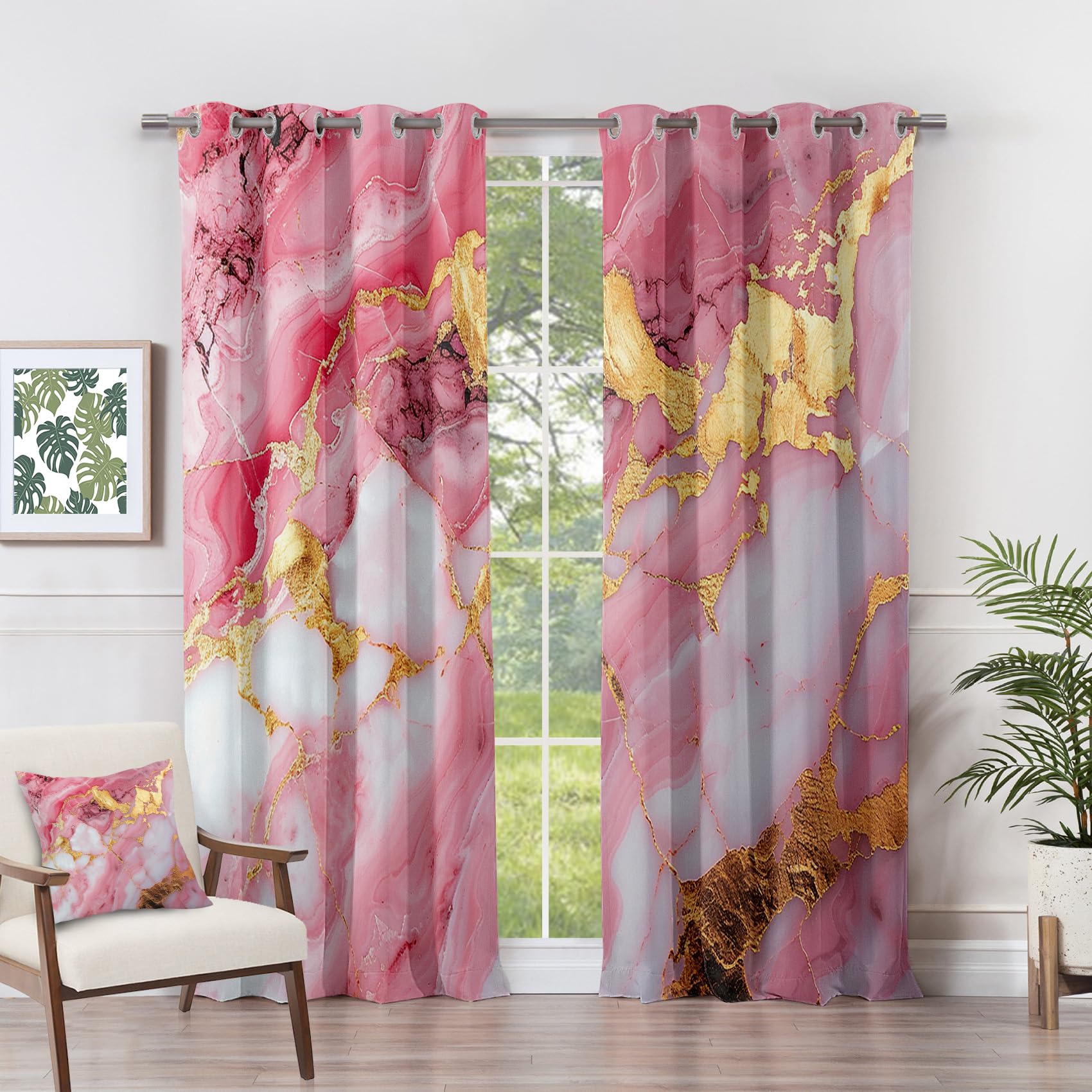 Marble Curtains 108 Drop - Marble Curtains - Pink and Gold Abstract Blackout Curtains 66 x 54 Inch (Width x Drop) 2 Panels, Modern Luxury Eyelet Curtains & Drapes