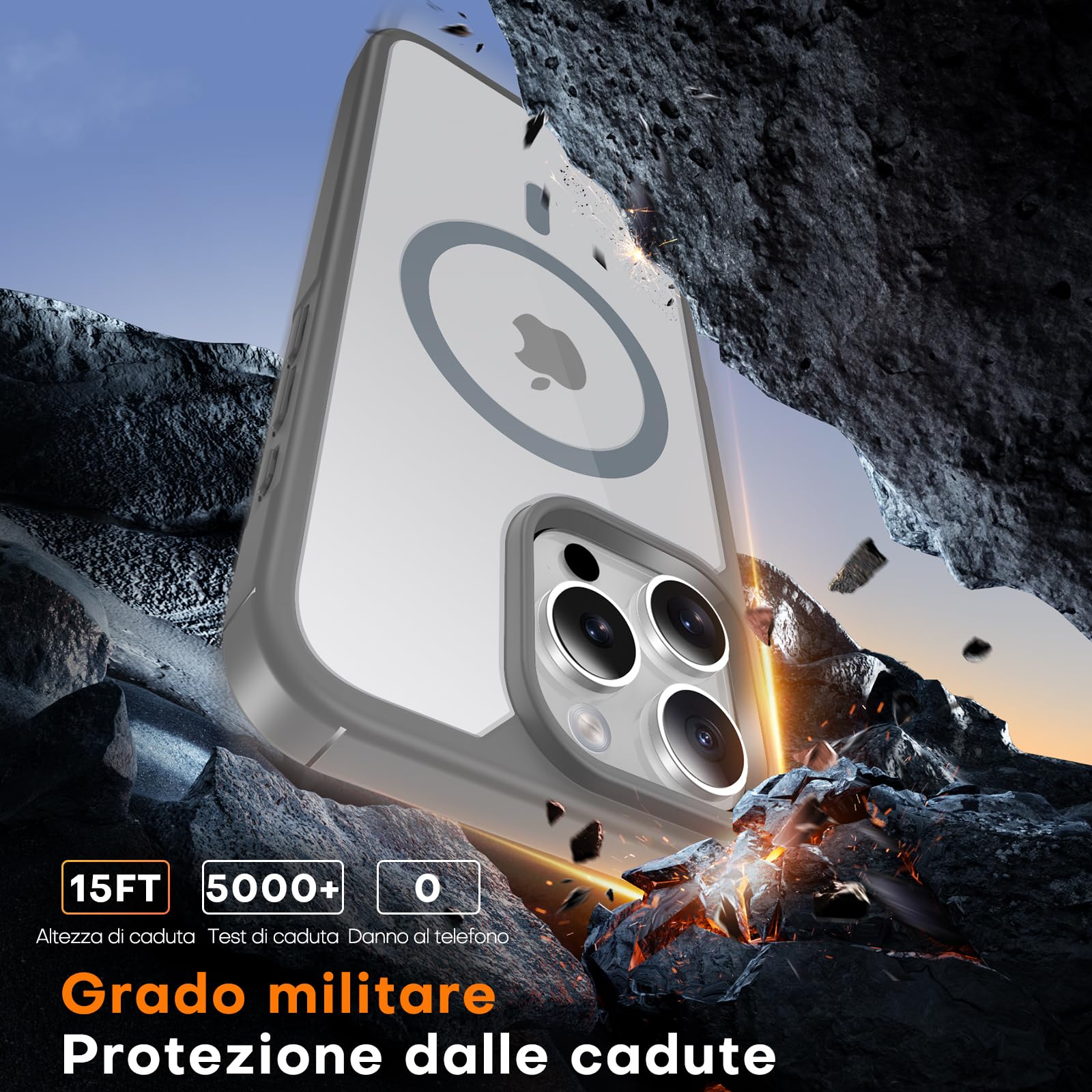 TAURI 3 in 1 Kit Magnetica Cover per iPhone 16 Pro [Compatibile con MagSafe] con 2 Pellicola in Vetro Temperato, Custodia Rigida per Sottile Anticaduta - Grigio