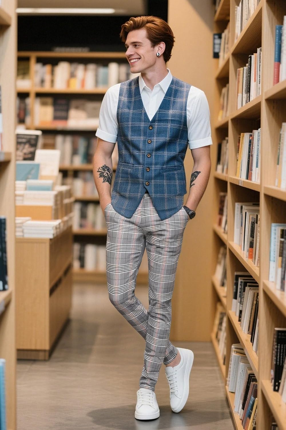 Plaid&Plain Men's Plaid Pants Skinny Dress Pants for Men Skinny Chino Pants Men