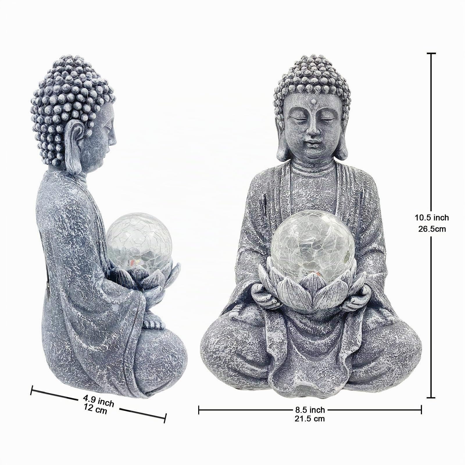 Goodeco Meditating Buddha ornamento con luce solare, statua di Buddha da giardino solare zen con sfera di vetro incrinata, decorazione per interni ed esterni, cortile, 26.5 cm (grigio)