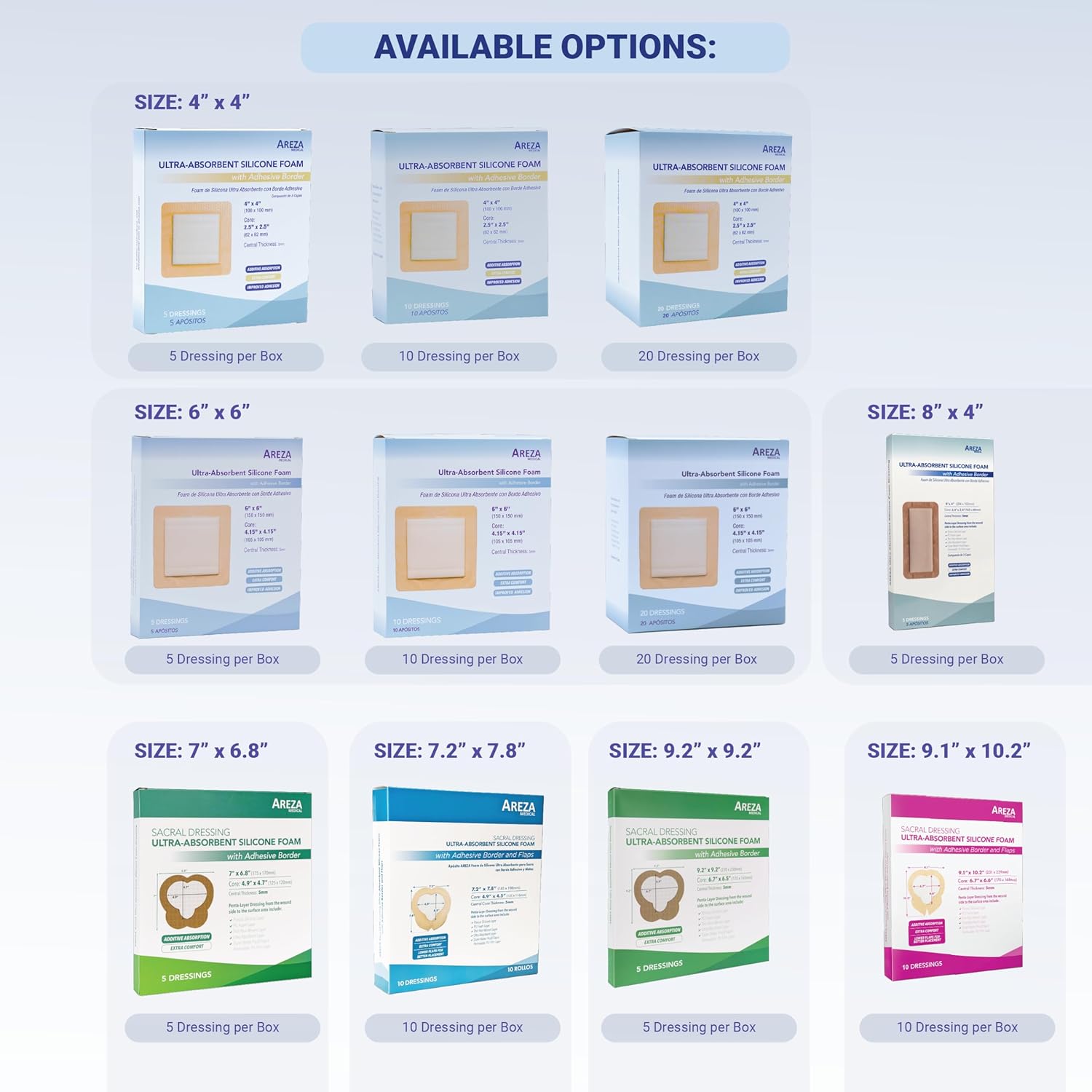 Areza Medical - Silicone Foam with Super-Absorbent Layer - Wound Dressing - Waterproof - with Adhesive Border - Sterile - Designed for Sacral Wounds - 9.1" x 10.2" - 10 PCS per Box - Image 2