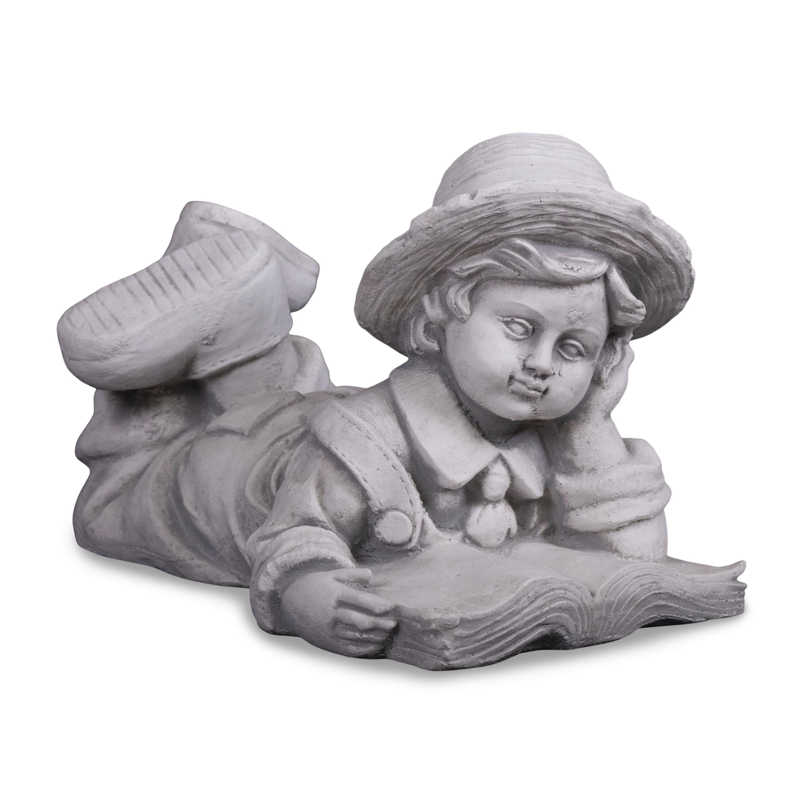 Boy with book children figure stone figure 22 cm 10 kg grey white concrete fr...