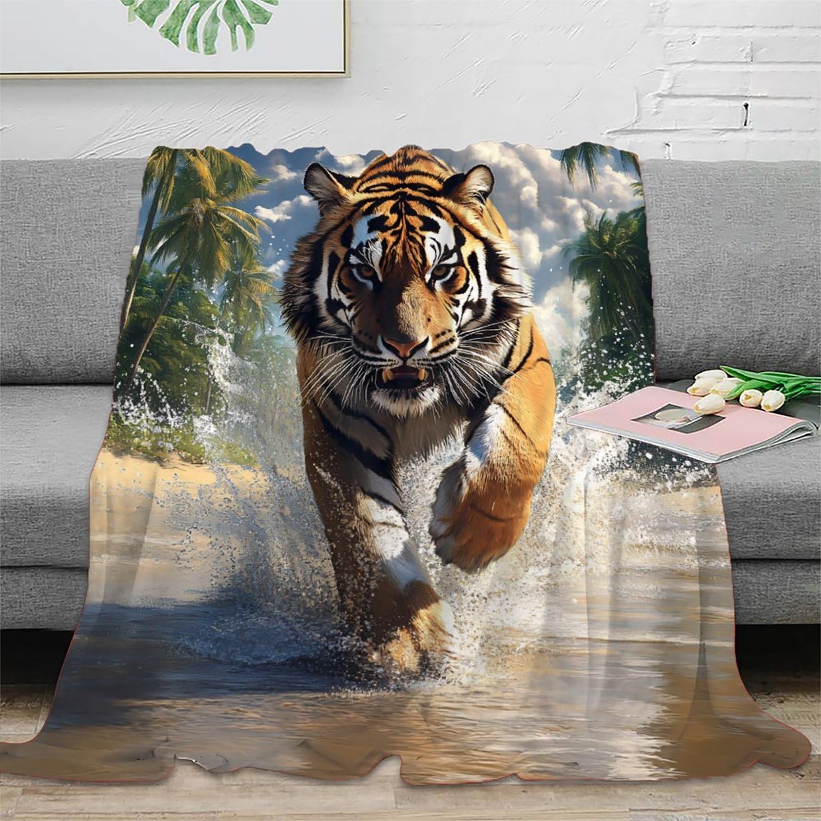 stampa 3D Tiger running coperta da viaggio microfibra biancheria da letto compatta coperta da viaggio morbida per giovani in vacanza animale selvatico ac 70×80inch(180x200cm)