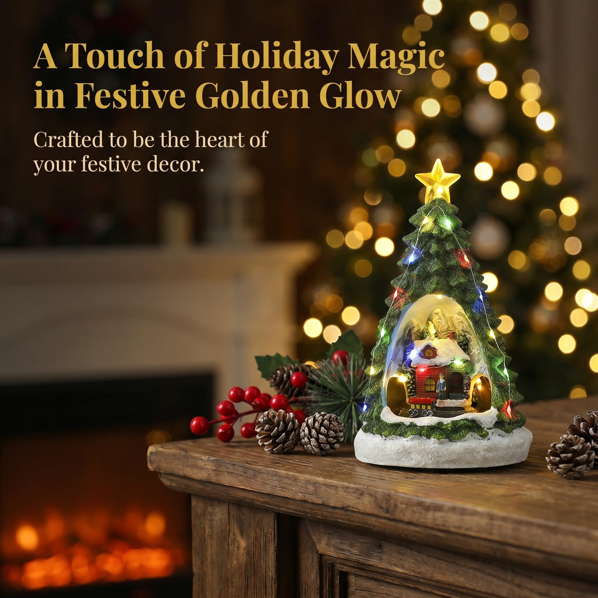 Uonlytech Statuette animate musicali di casette natalizie a forma di albero, edifici in resina con casette di neve e trenino girevole con luce LED, regalo di Natale, decorazione da tavolo per le feste