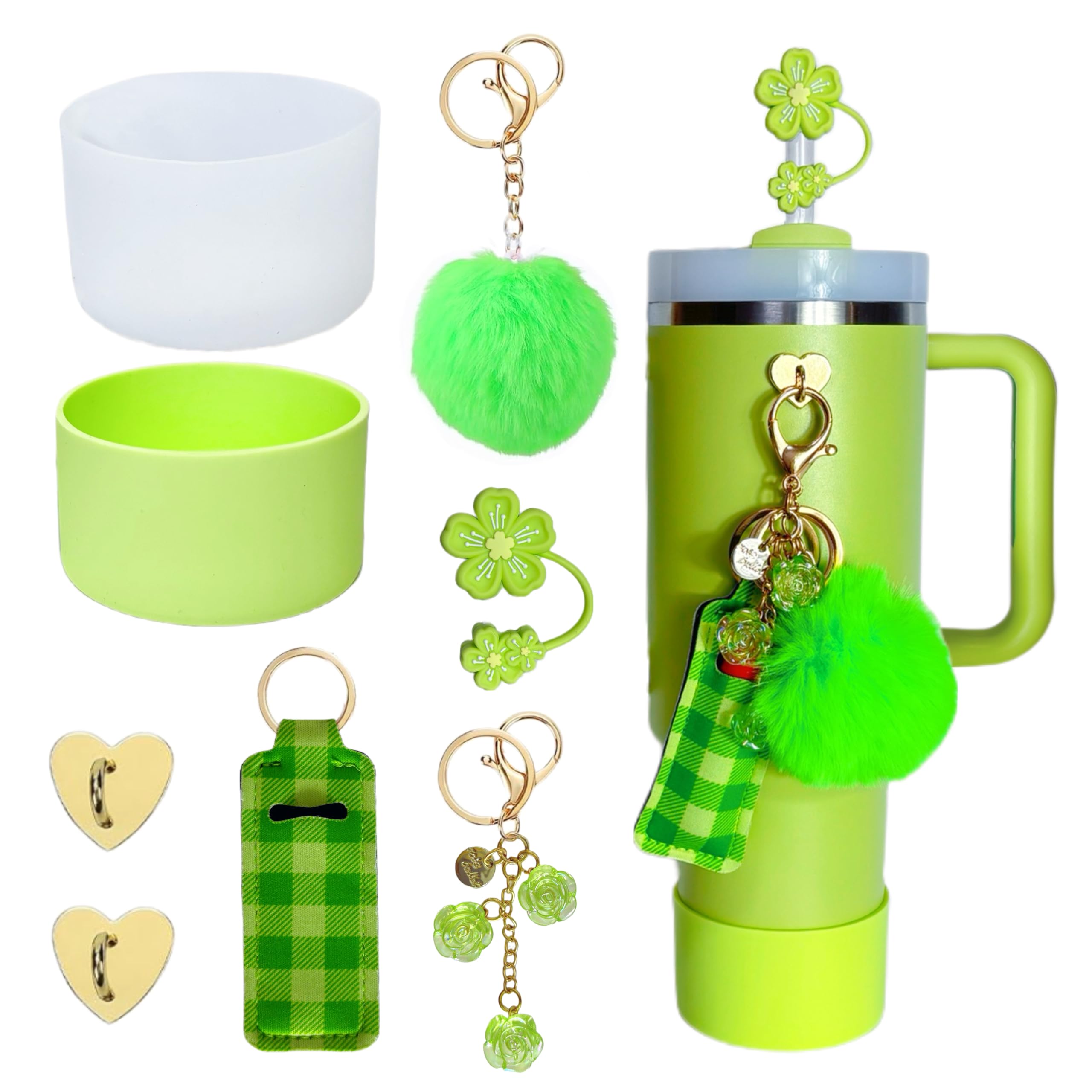 Accessories for Stanley Cup 40oz,2 Silicone Boots for Stanley Tumbler,1 Flower Straw Cover Topper,2 Charms Hooks,1 Lipstick Holder Bag,1 Pompom Ball,1 Cute Keychain Charms(Green)-image-41
