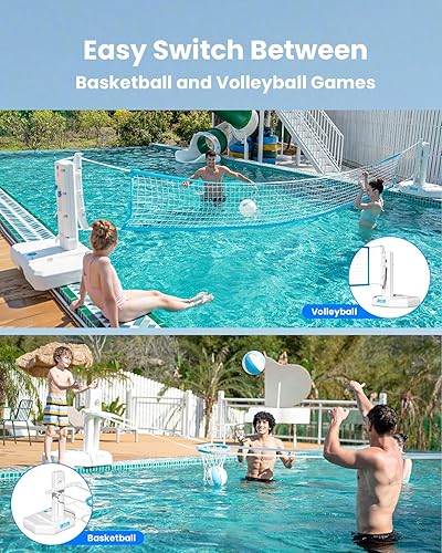 Miniatura 5 de IGL Red de voleibol para piscina y aro de baloncesto 2 en 1, red de voleibol ajustable en altura para piscina, aro de baloncesto junto a la piscina