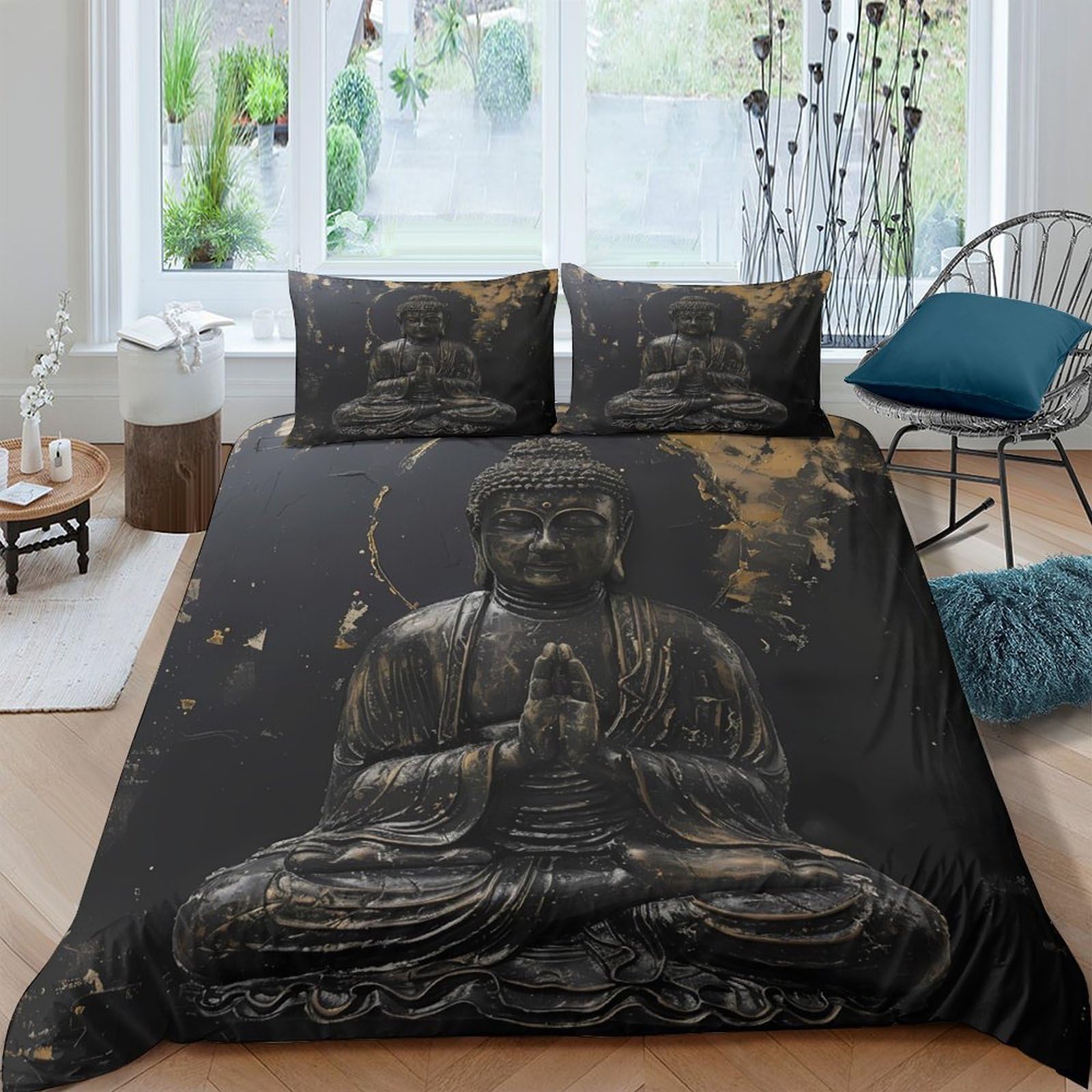 Ctjqhvkz Style-3 3D Printed Buddha Serenity Fitted Sheet Microfiber Black Gold Zen Bed Cover For Bedroom Guest Room Dust Protection Decor Single（135X200cm）