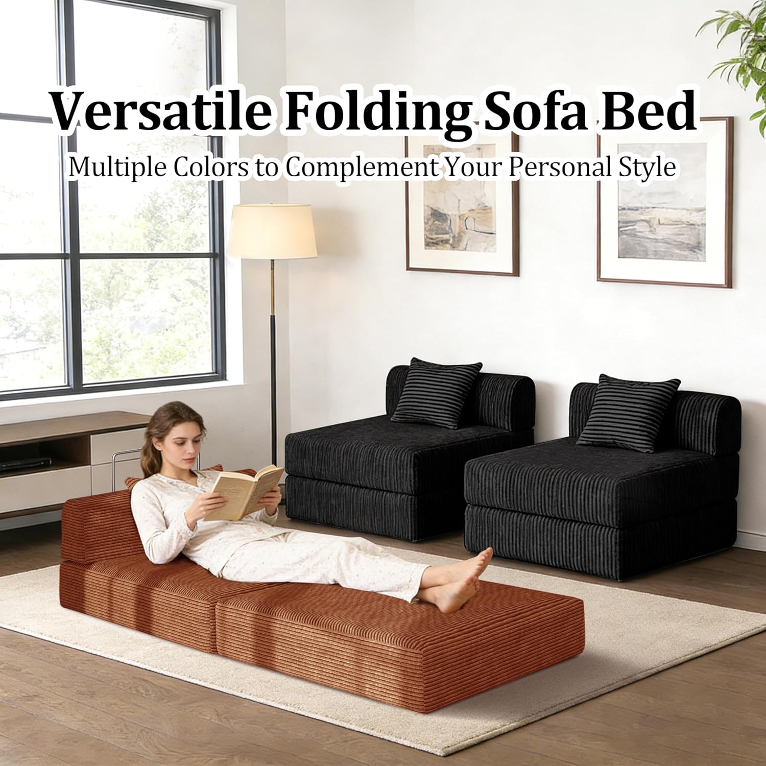 HouseMila Sofa Bed Couch,Convertible Boneless Couch Compressed Chair Comfy Boneless Chair Floor Lounge Chair with Pillow,No Assembly Folding Sofa Beds for Living Room Bedroom Guest Room(Single,Black)