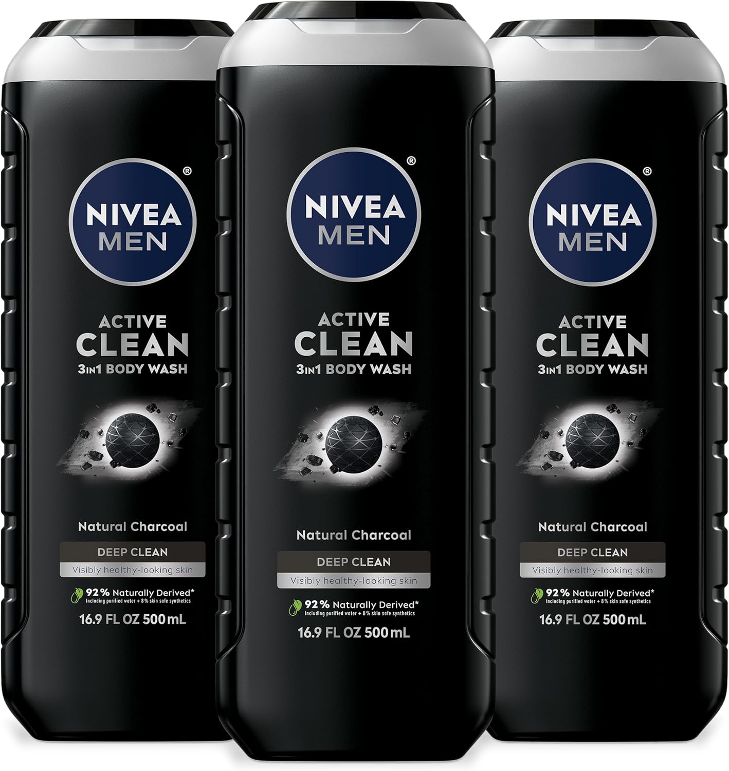 NIVEA Men Active Clean Body Wash with Natural Charcoal for Normal to Oily Skin, 3-in-1 Charcoal Body Wash, Face and Hair, Draws Out Dirt and Impurities, 16.9 Fl Oz Bottle, Pack of 3
