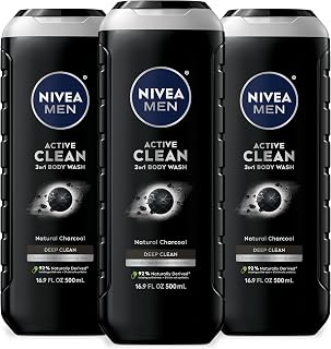 NIVEA Men Active Clean Charcoal Body Wash 3-in-1 for Face, Hair & Body - Normal to Oily Skin, Pack of 3 (16.9oz)