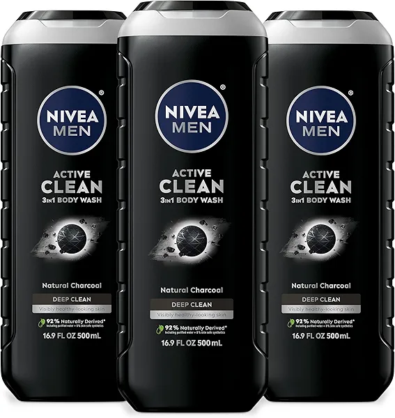 NIVEA Men Active Clean Body Wash with Natural Charcoal for Normal to Oily Skin, 3-in-1 Charcoal Body Wash, Face and Hair, Draws Out Dirt and Impurities, 16.9 Fl Oz Bottle, Pack of 3