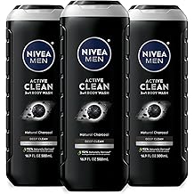 NIVEA Men Active Clean Body Wash with Natural Charcoal for Normal to Oily Skin, 3-in-1 Charcoal Body Wash, Face and Hair, Draws Out Dirt and Impurities, 16.9 Fl Oz Bottle, Pack of 3