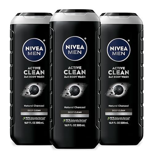 NIVEA Men Active Clean Gel de baño con carbón natural para pieles normales a grasas, gel de baño de carbón 3 en 1, cara y cabello, elimina la