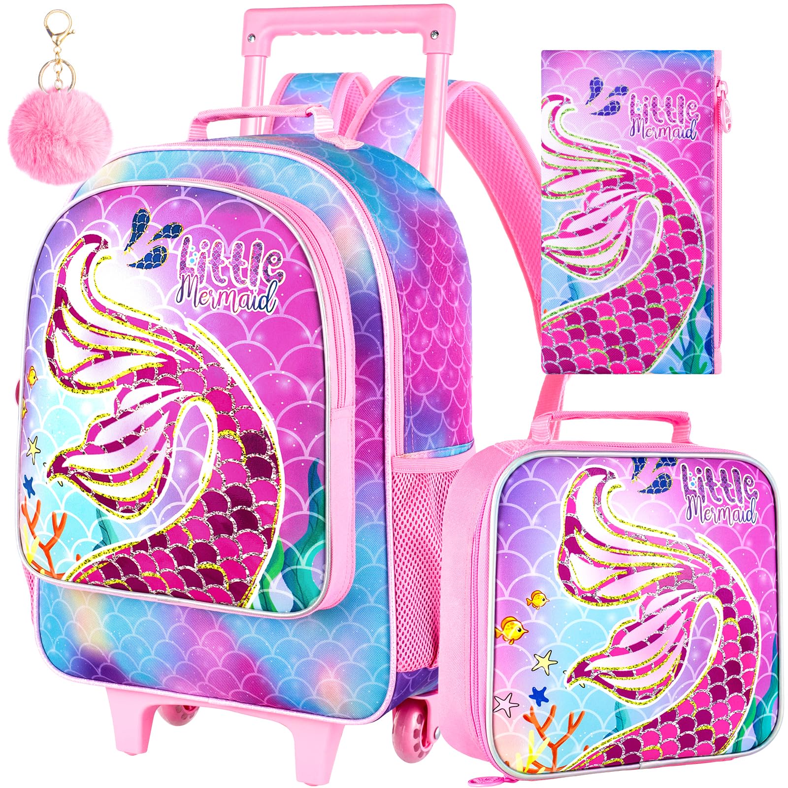 3PCS Rolling Backpack for Girls and Boys, Kids Roller Wheels Bookbag, Wheeled Elementary School Bag with Lunch Bag