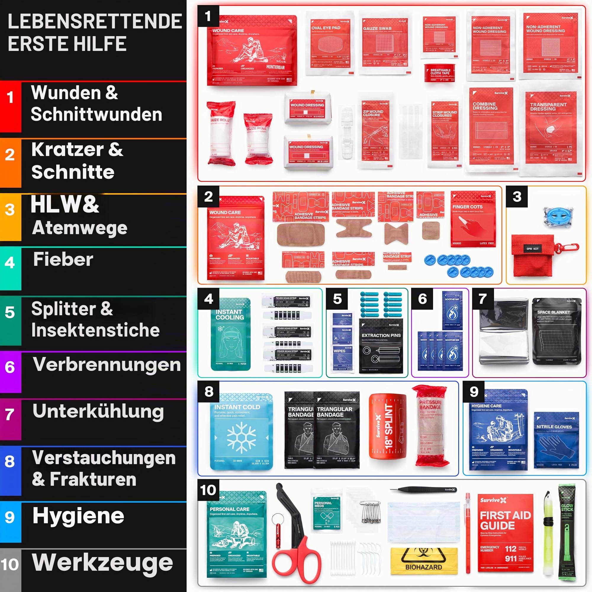 SurviveX Großes Erste-Hilfe-Set für Auto, Reisen & Zuhause – Notfall-Set für Wandern, Camping, Rucksackreisen und Outdoor – inklusive Reißverschluss-Stich-Wundverschlussstreifen