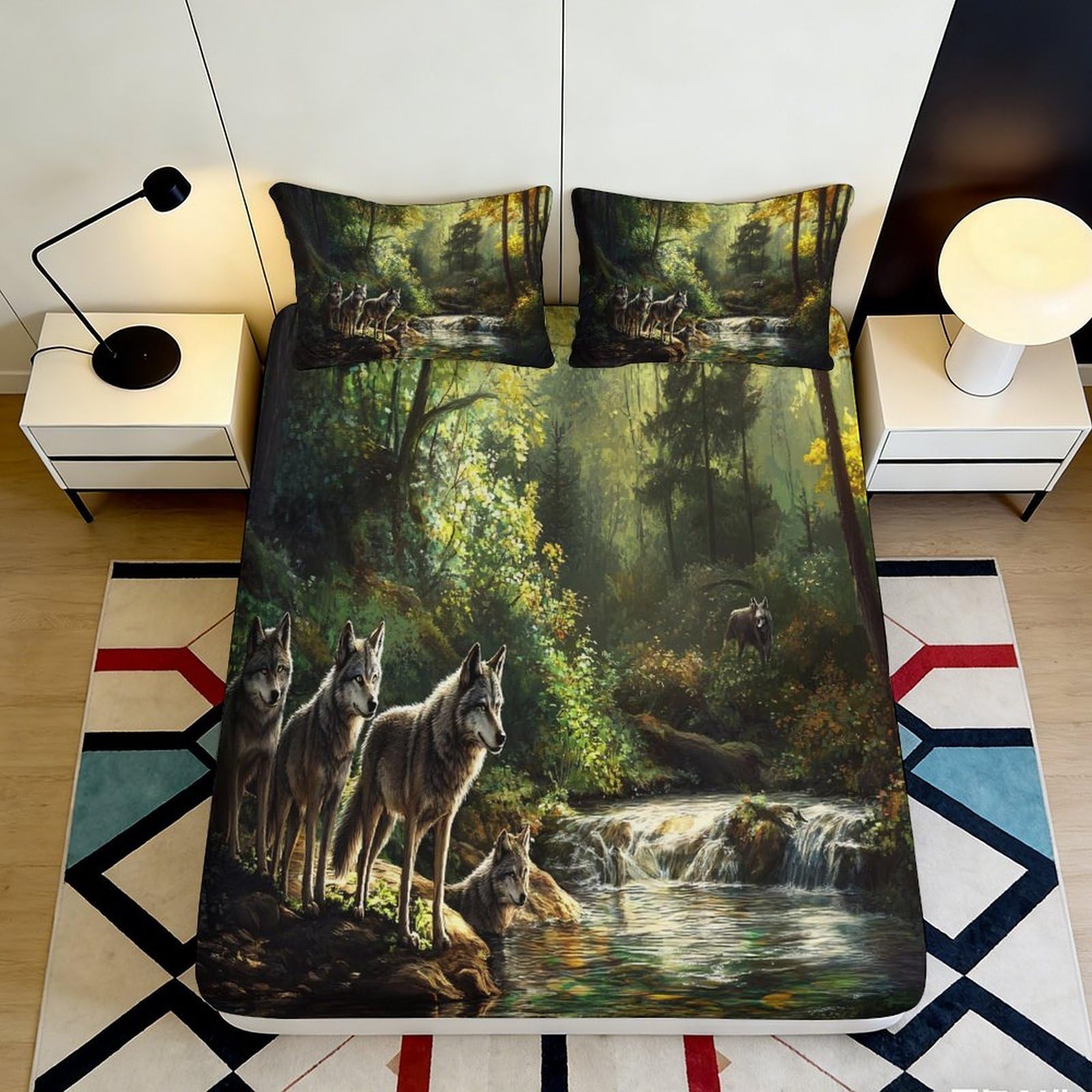 3D Printed Forest Wolf Fitted Sheet Microfiber Soft Breathable Nature Scene Bed Cover for Bedroom Dormitory Guest Room Mattress Protection Decor 120x200x25cm