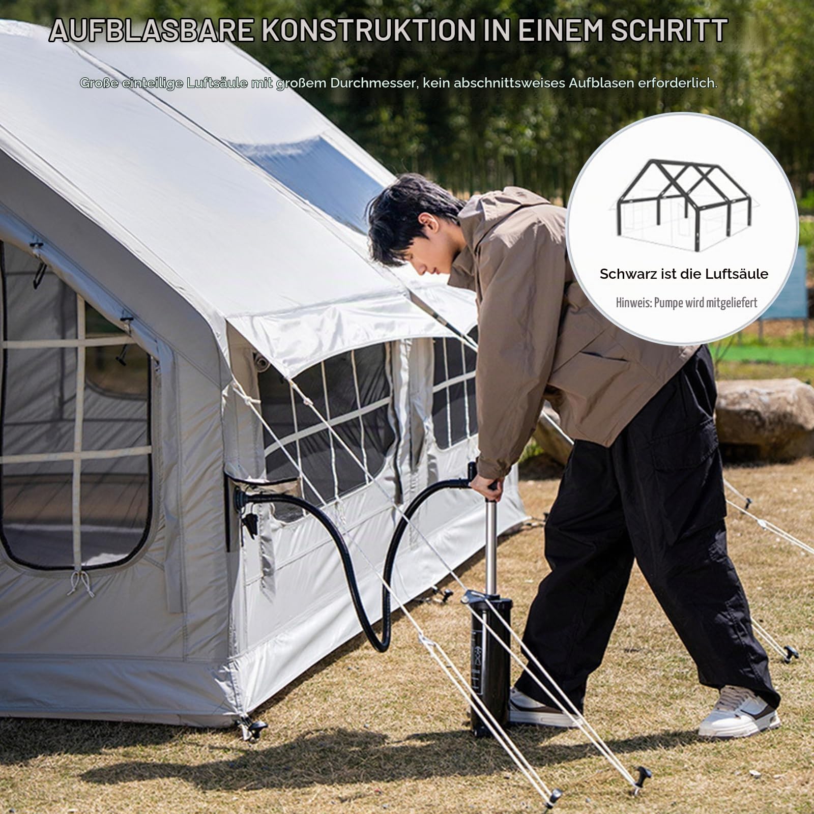 Winter Aufblasbares Zelt Haus XXL, Familienzelt Aufblasbar 6-8personen, Luftzelt Aufblasbar Camping Mit Pumpe, 4-Saison Pop Up Air Tent Zelt Groß XXL Outdoor Mit Kaminöffnung