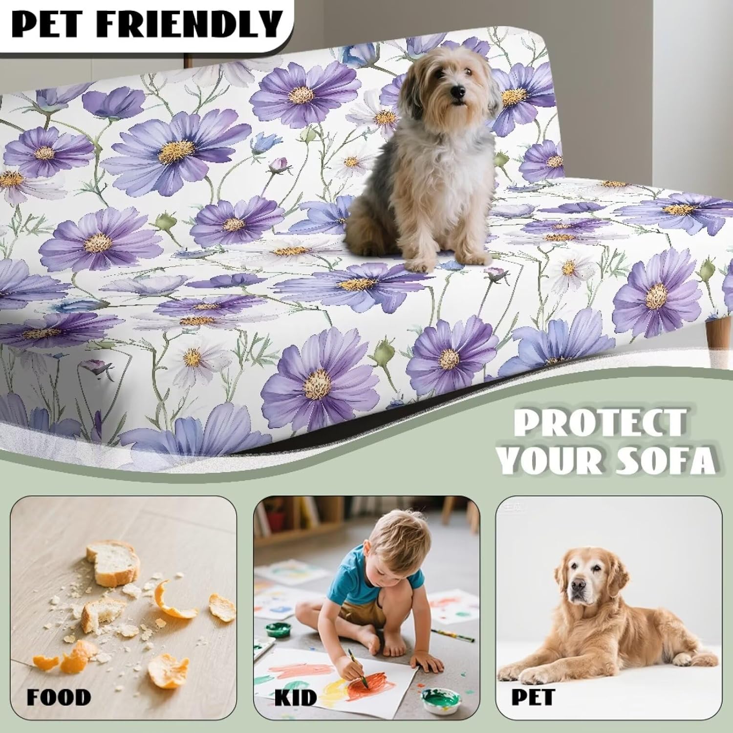 Suobstales Purple Daisy Flower Print Armless Sofa Bed Cover Futon Slipcover Velvet Stretch Spandex Folding Sofa Couch Non-Armrest Furniture Protector, Machine Washable