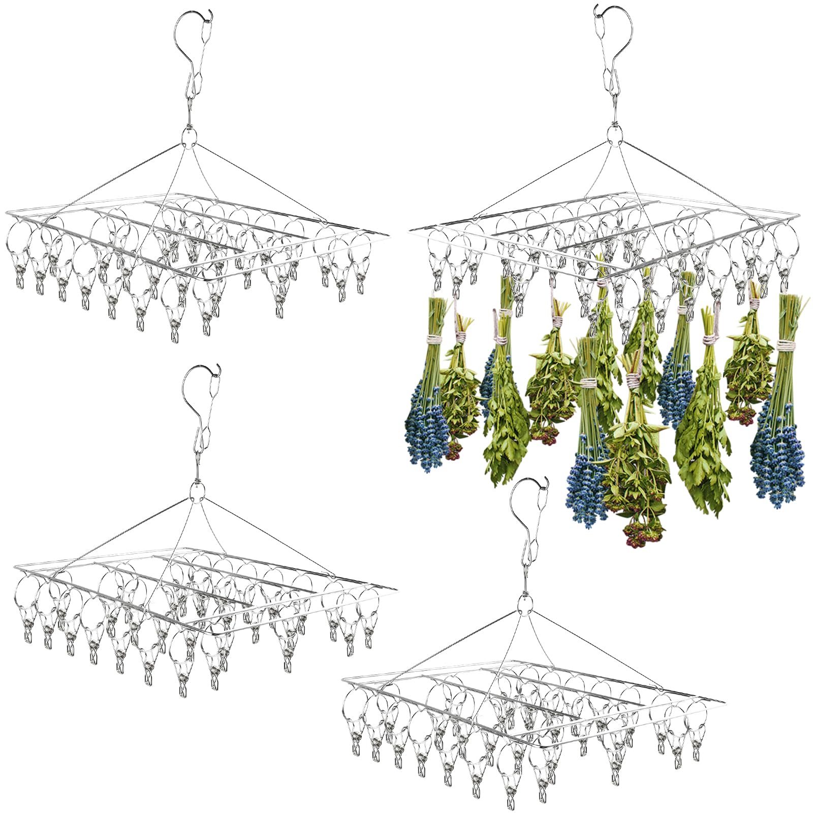 Elesunory 4-Piece Hanging Herb Drying Rack - Stainless Steel with 30 Hooks, Space-Saving for Fresh and Aromatic Herbs