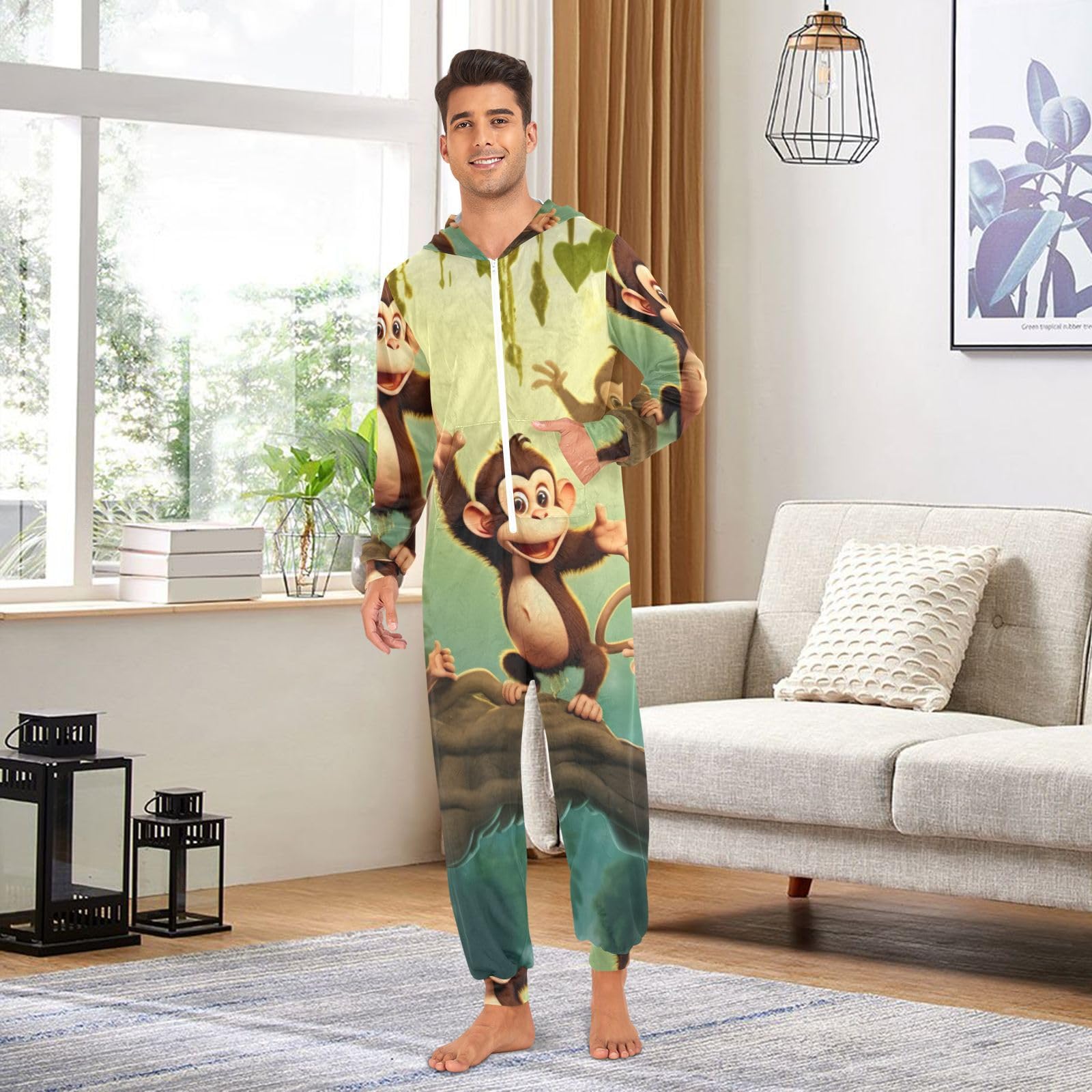 GAIREG Jungle Monkeys Onesie Pjs Adult Womens, ciepła jednoczęściowa piżama z kapturem