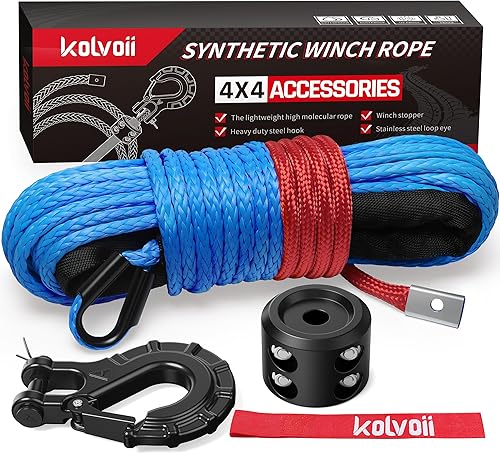 Kolvoii Kit de cuerda de cabrestante sintética, cable de cabrestante de 14 pulgadas x 50 pies con gancho de acero, tapón de línea de cabrestante y