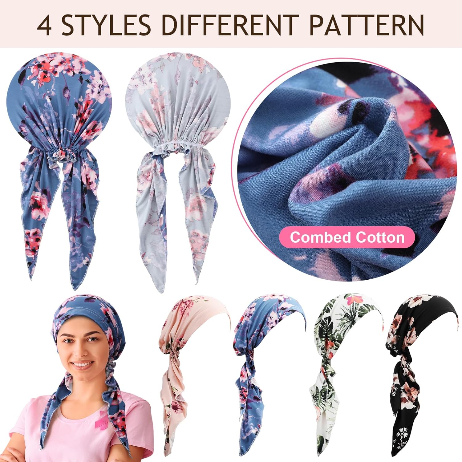 Halfchet 4 Pcs Chemo Headwear for Women Pre Tied Cancer Caps Cotton Head Scarf Turbans for Women Patients Gifts - Image 2