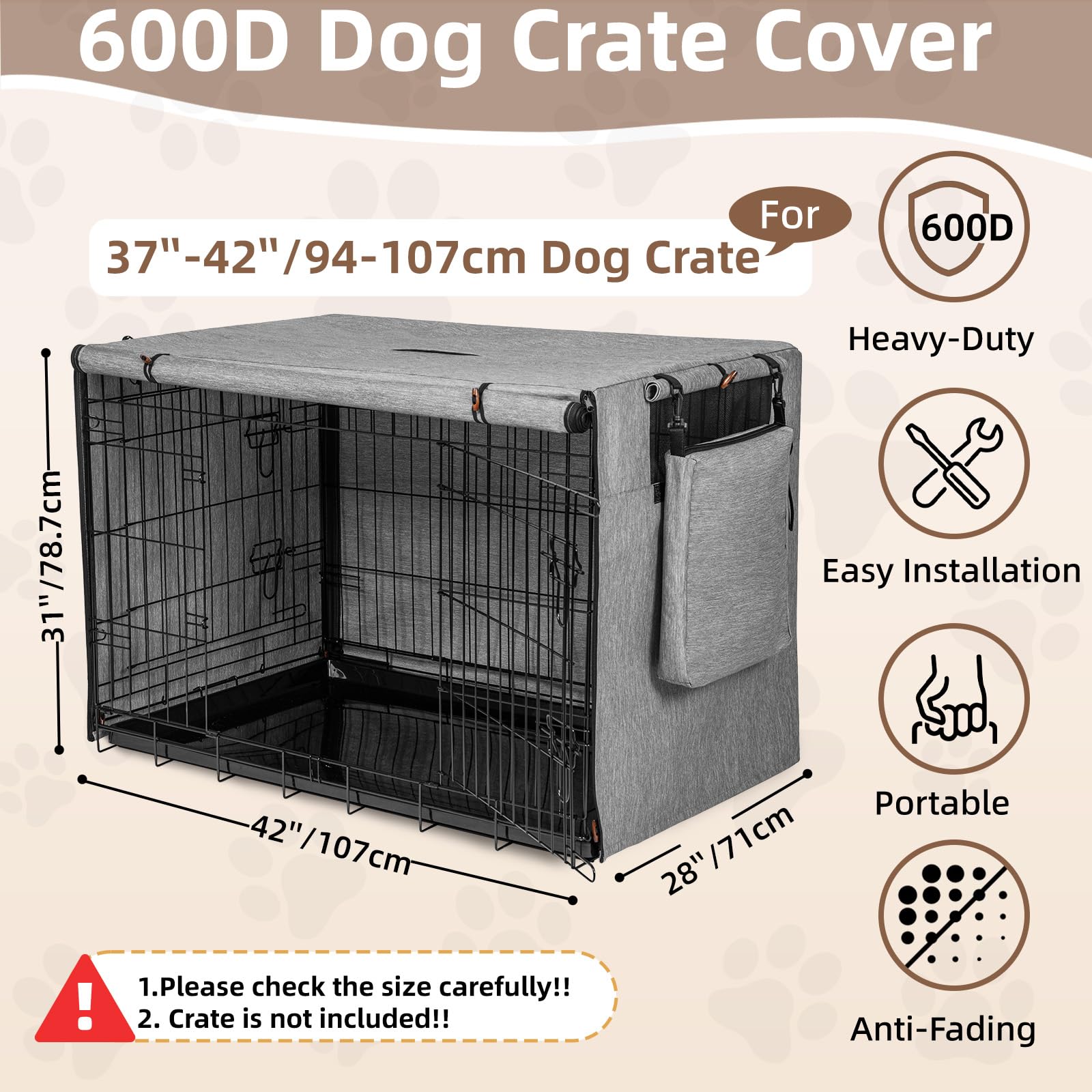 600D Hundekäfigabdeckung, wasserdichte Haustierhüttenabdeckung mit Aufbewahrungstasche, passend für 106,7 cm Drahtkäfig-Hundekäfig, 106,7 cm, Grau