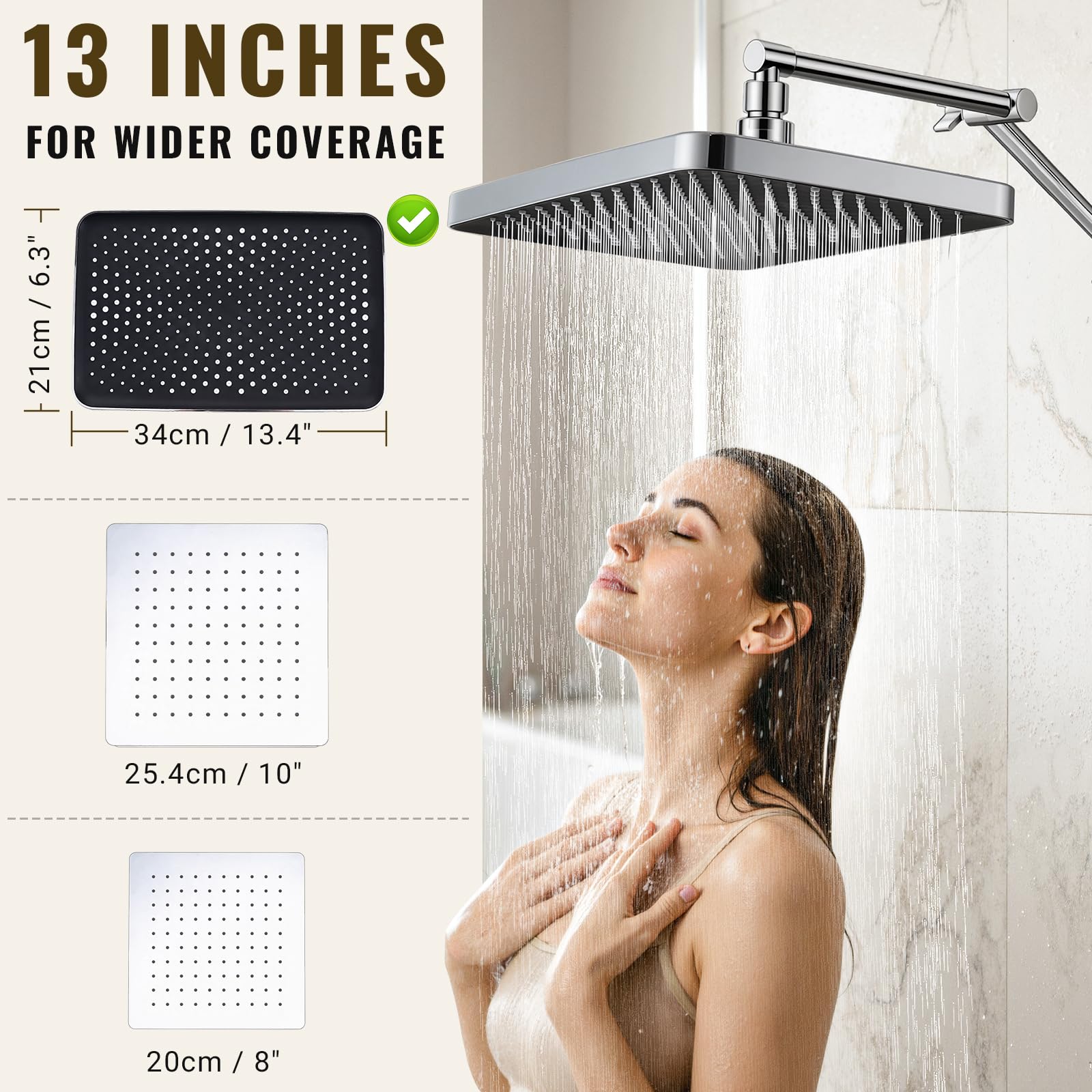 Cabezales de ducha de 13 pulgadas con pulverizador de mano multifunción, desviador extendido de metal de 3 vías con soporte y brazo de extensión de ducha ajustable de metal, manguera extra