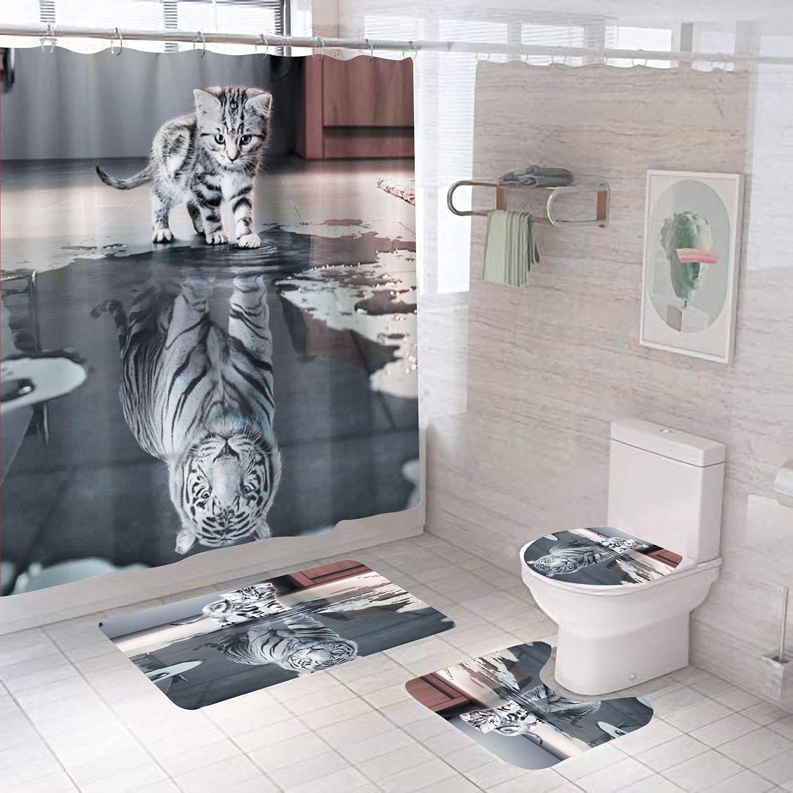 Tapis contour WC et douche chat tigre lot de 3 antidérapants pour sols secs