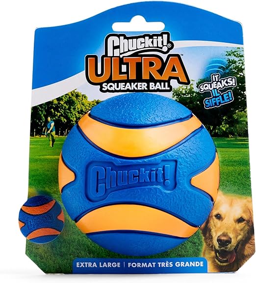 Chuckit Ultra Squeaker Dog Ball - Extra Large Bouncy and Squeaky Pet Toy for Dogs 100+ lbs - Floats on Water - Durable Rubber - Size XL - 3.5" Diameter - Pack of 1