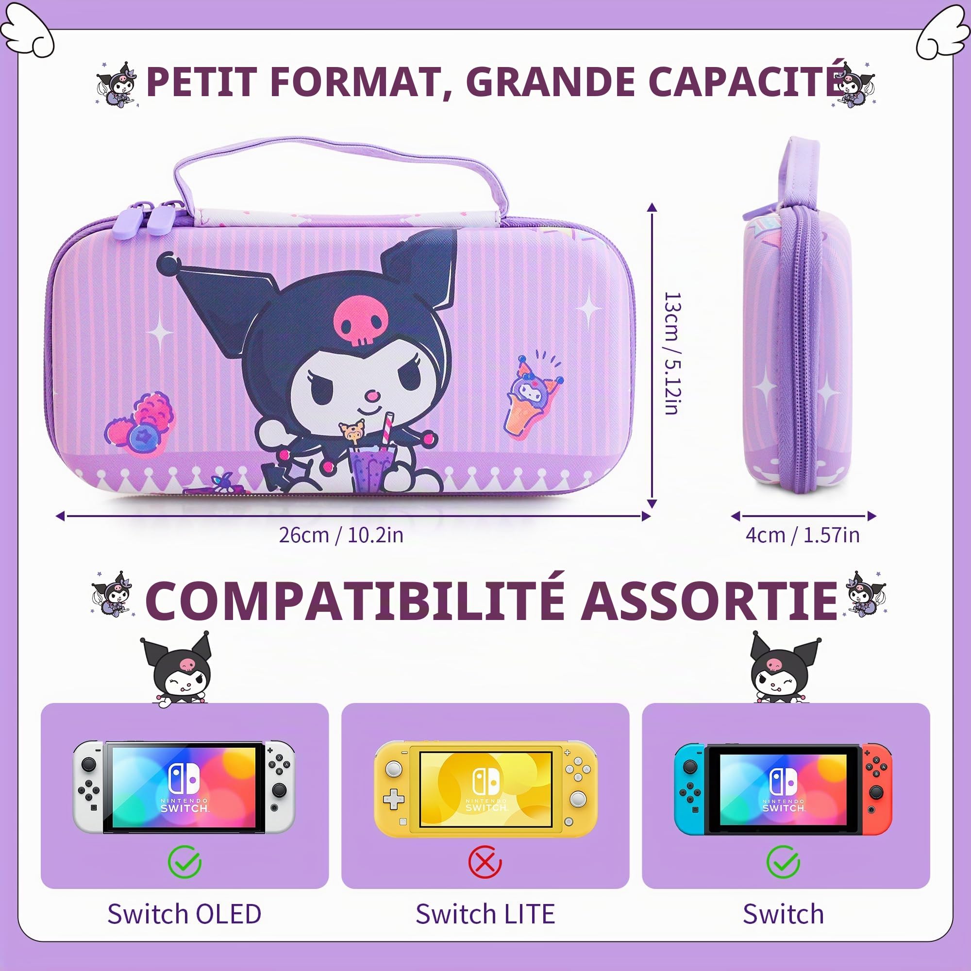 HYPERCASE Sac de transport rigide pour console NS/OLED, poignée de contrôleur, rangement d'accessoires avec 10 emplacements pour cartes et 2 capuchons de frappe, lapin de dessin animé violet