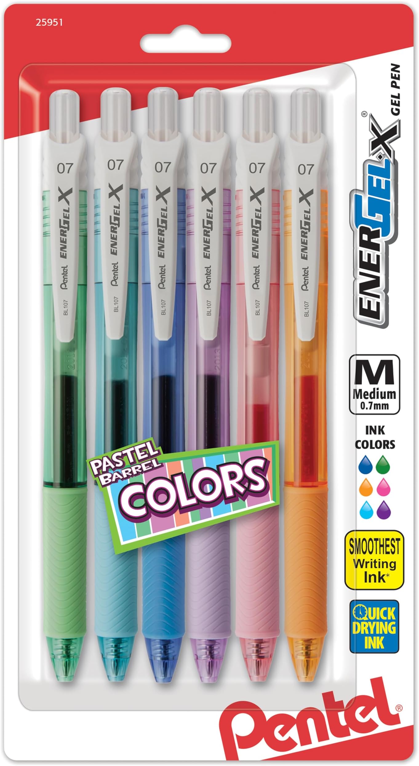 Pentel Energel-X Pastel Barrels Retractable, Medium Line, Assorted Ink Colors Pack of 6 (BL107FBP6M)