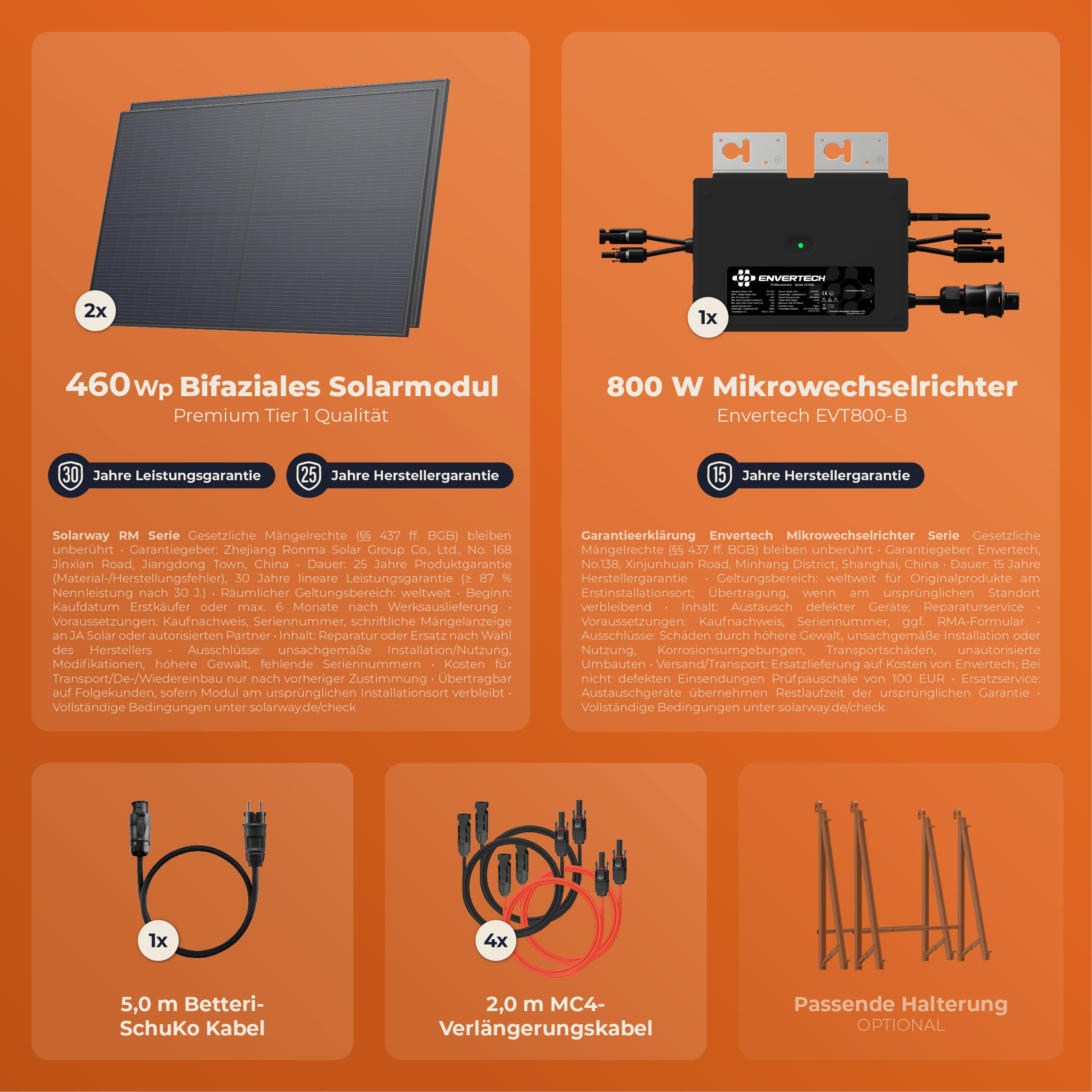 Solarway® 920W Balkonkraftwerk 800W komplett Steckdose - neuester 800 Watt Wechselrichter - Solaranlage Komplettset - 460W bifaziale Solarmodule & Envertech & Zubehör