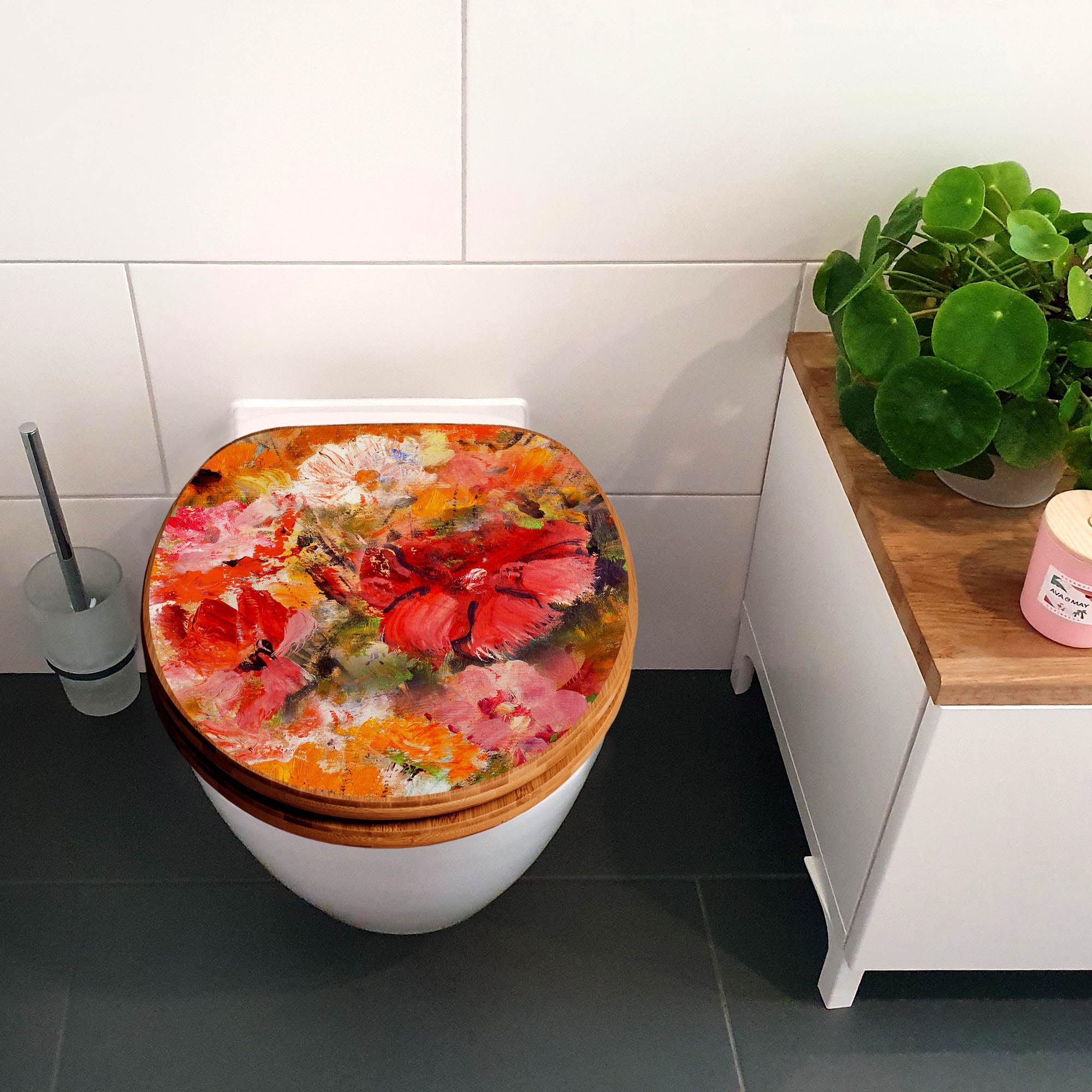 banjado Design WC Sitz Bambus Absenkautomatik 45,8x37,5cm - Toilettendeckel mit Absenkautomatik Holz - hochwertiger Bambus Klodeckel - WC-Sitz für gängigen Toiletten - Motiv Fallende Blumen