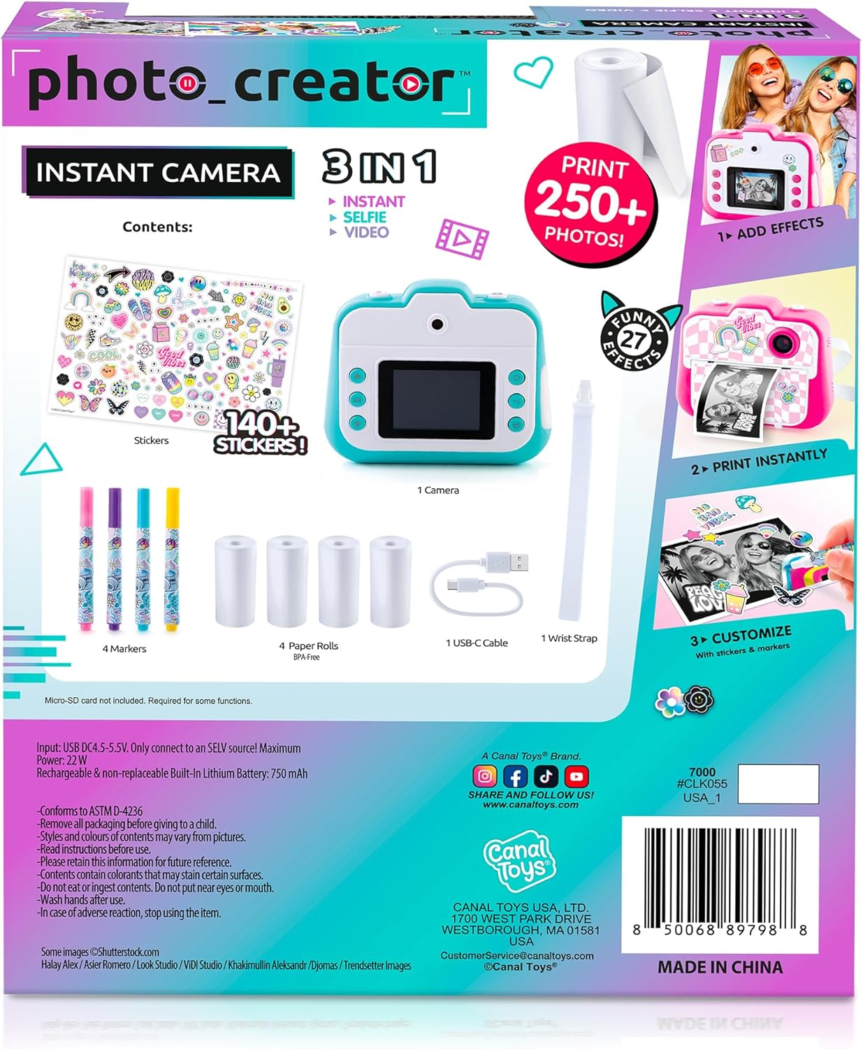Photo Creator Instant Camera box contents including camera, paper rolls, markers, and USB cable.