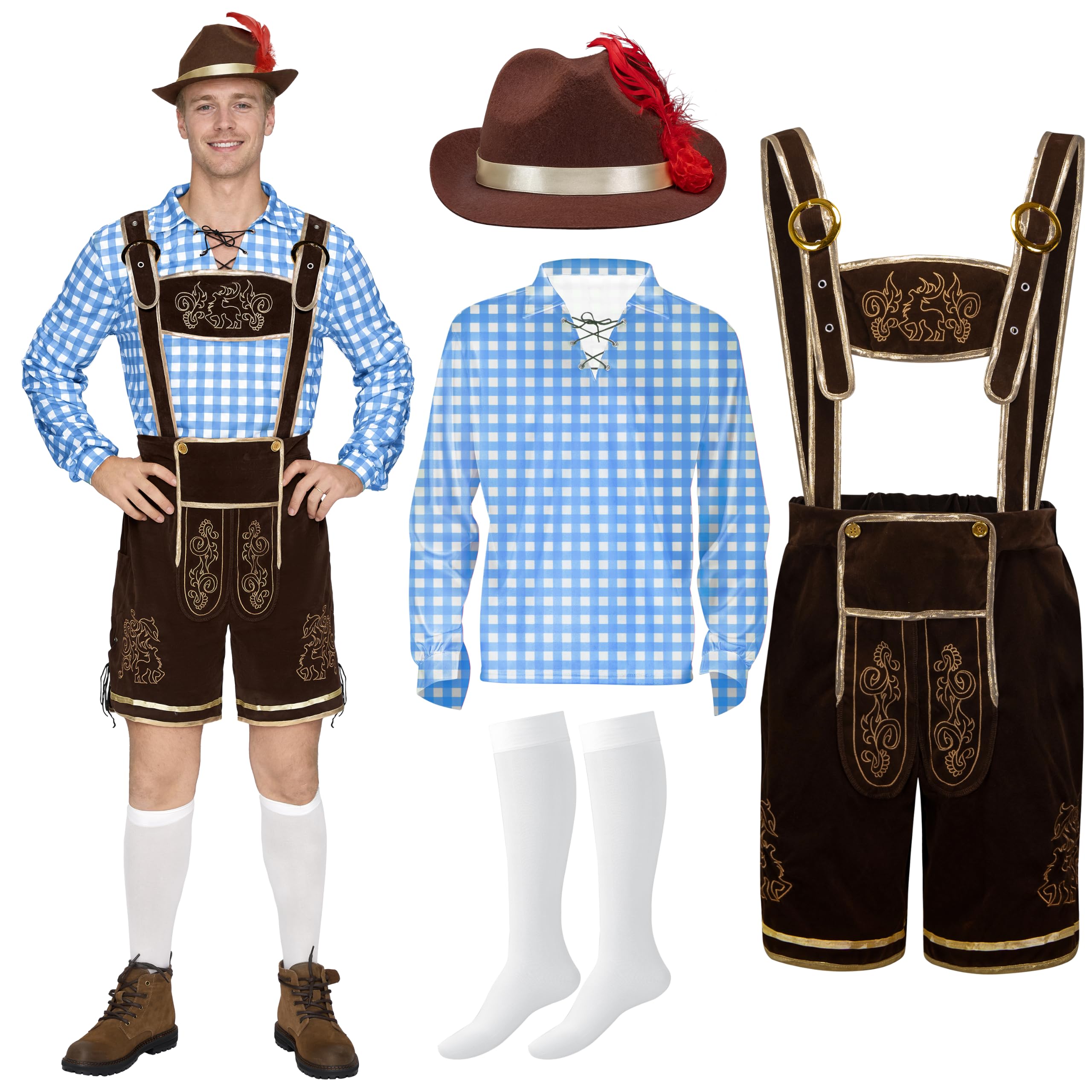 Spooktacular Creations Grün Blau Rot kariertes deutsches bayerisches Oktoberfest-Kostümset für Herren für Halloween-Verkleidungspartys und Bierfest