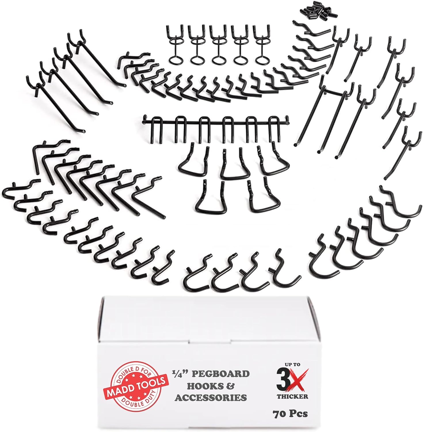 Extra Thick Black 1/4'' Pegboard Hooks for Hanging Tools, Set of 70 Pieces 1/4'' Black Peg Board Accessories Peg Hooks, Peg Board Attachments for Tools Organization