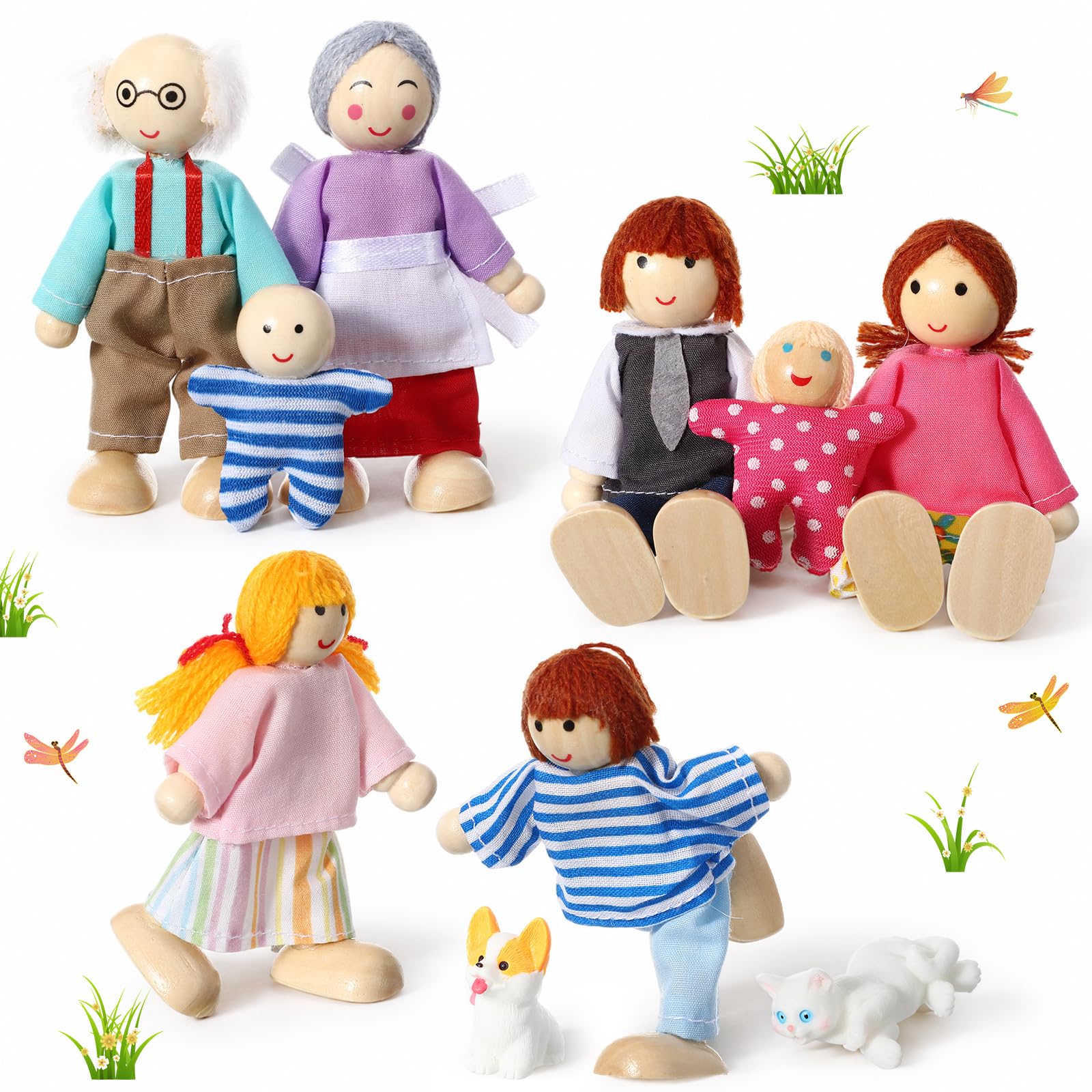 Doll Wooden House People of 8 Miniature Figures and 2 Pets, Lively Style | with Movable Limbs, Dollhouse Family, Pretend Gift Play and Imaginative Fun, for Girls Toddler Kids