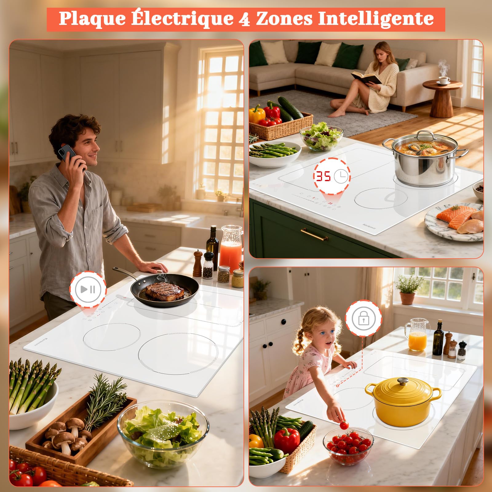 Plaque Induction 4 Feux Avec Prise, Plaque à Induction 60 cm Avec Boost, Zone Flexible, Verrouillage de Sécurité, Pause, Minuteur, Induction Blanche, 220-240 V, 3500 W