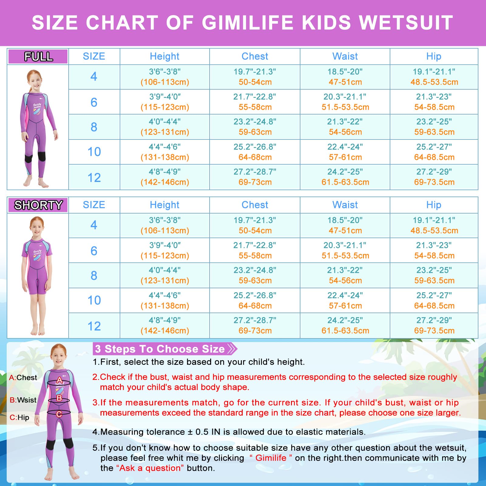 Gimilife Muta per bambini, Muta sub per ragazzi, ragazze e piccoli, in neoprene 2mm termica, sub intera/corta, ideale per nuoto, immersioni e surf