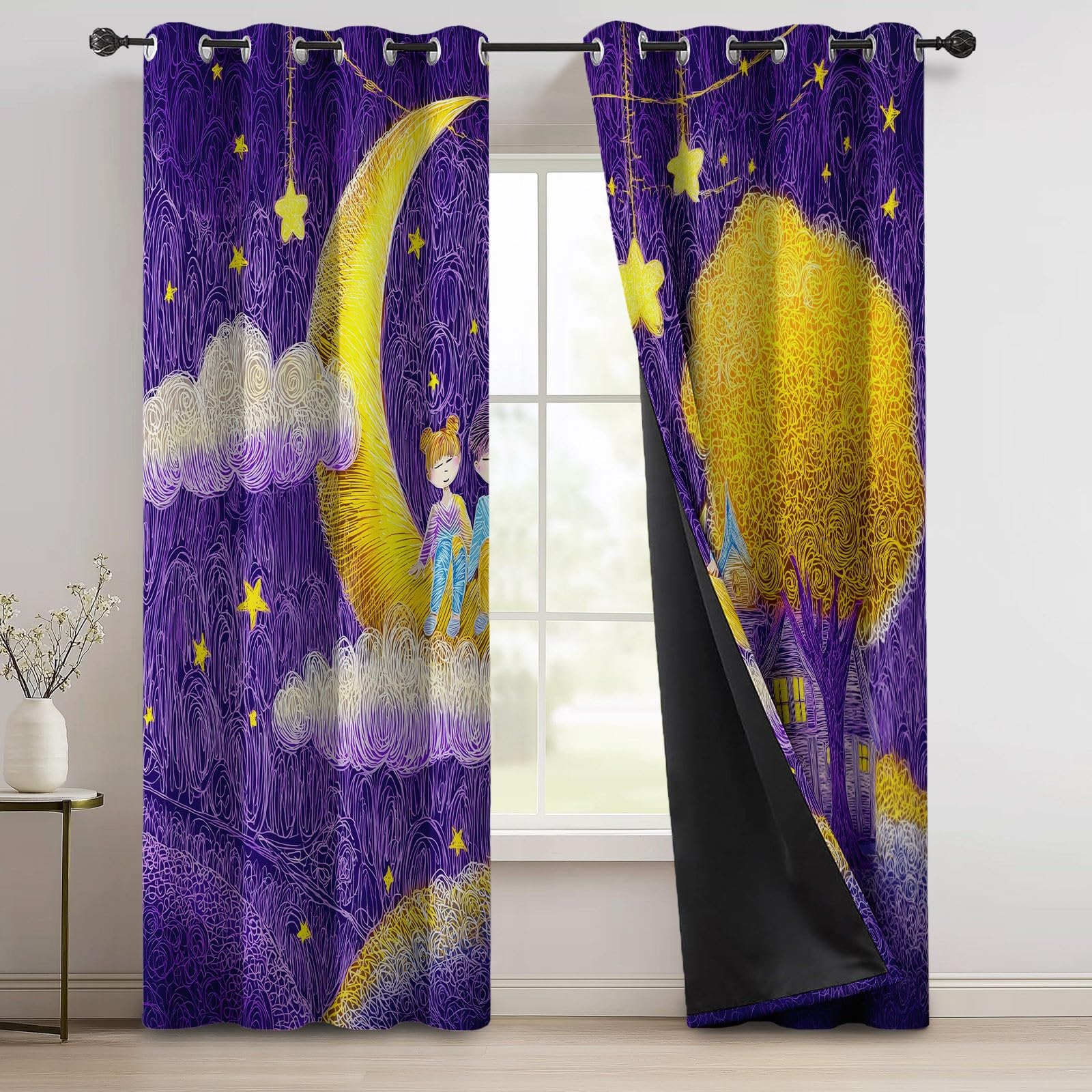 Nieprzezroczyste zasłony 70 l x 240 H cm (2 panele) miękkie i estetyczne, księżycowy design z postaciami z kreskówek, izolowane wiszące zapobiegające nagrzewaniu do dekoracji domu i salonu