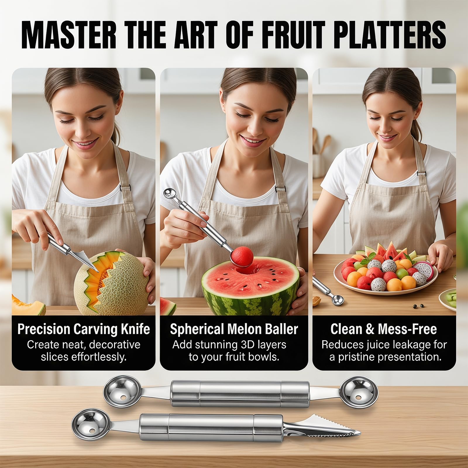 4PCS Outil à Découper les Fruits Éplucheur Cuillère à Melon Double Tête Ustensiles de Cuisine