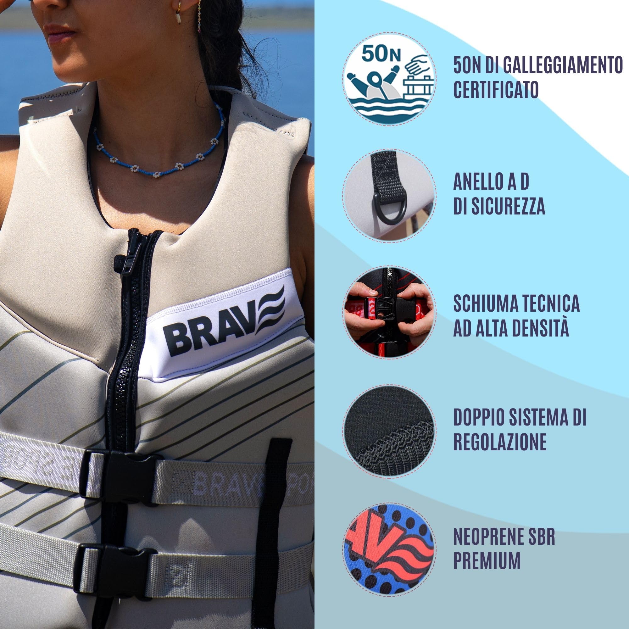 Giubbotto Salvagente 50N Omologato per Adulto – Gilet Salvagente per Moto d’Acqua, Kayak e Paddle Surf – Neoprene + EPE – Chiusura, Cinghie Regolabili