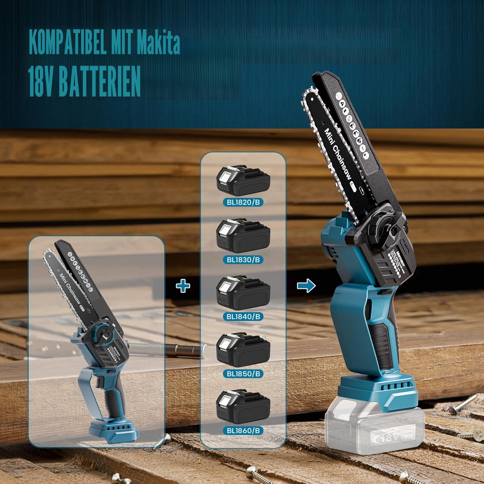 Mini Kettensäge 6&8 Zoll, Bürstenlose Elektro Astsäge Kompatibel mit Makita 18V Akku,Akku Kettensäge mit verbesserter Kettenschmierung,Handkettensäge für Gartenscheren,Holzschneidenz (Ohne Akku)