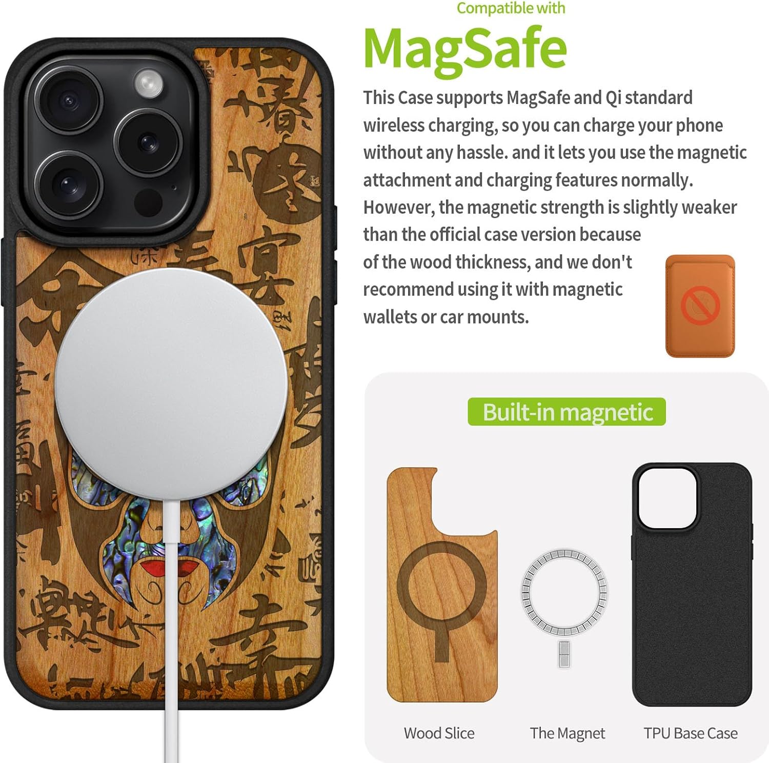 Carveit Magnetic Case for iPhone 16 Pro Case, Wood Artisan Engraved & Handmade Shell Inlaid, TPU Shockproof Cover, Compatible with MagSafe Wireless Chargers (The Chinese Opera Mask) Cherry
