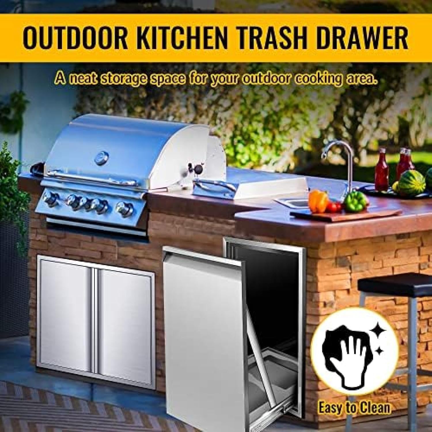 Generic Built-in Outdoor Kitchen Trash Drawer, 19W x 27H x 16D Inch, Silver