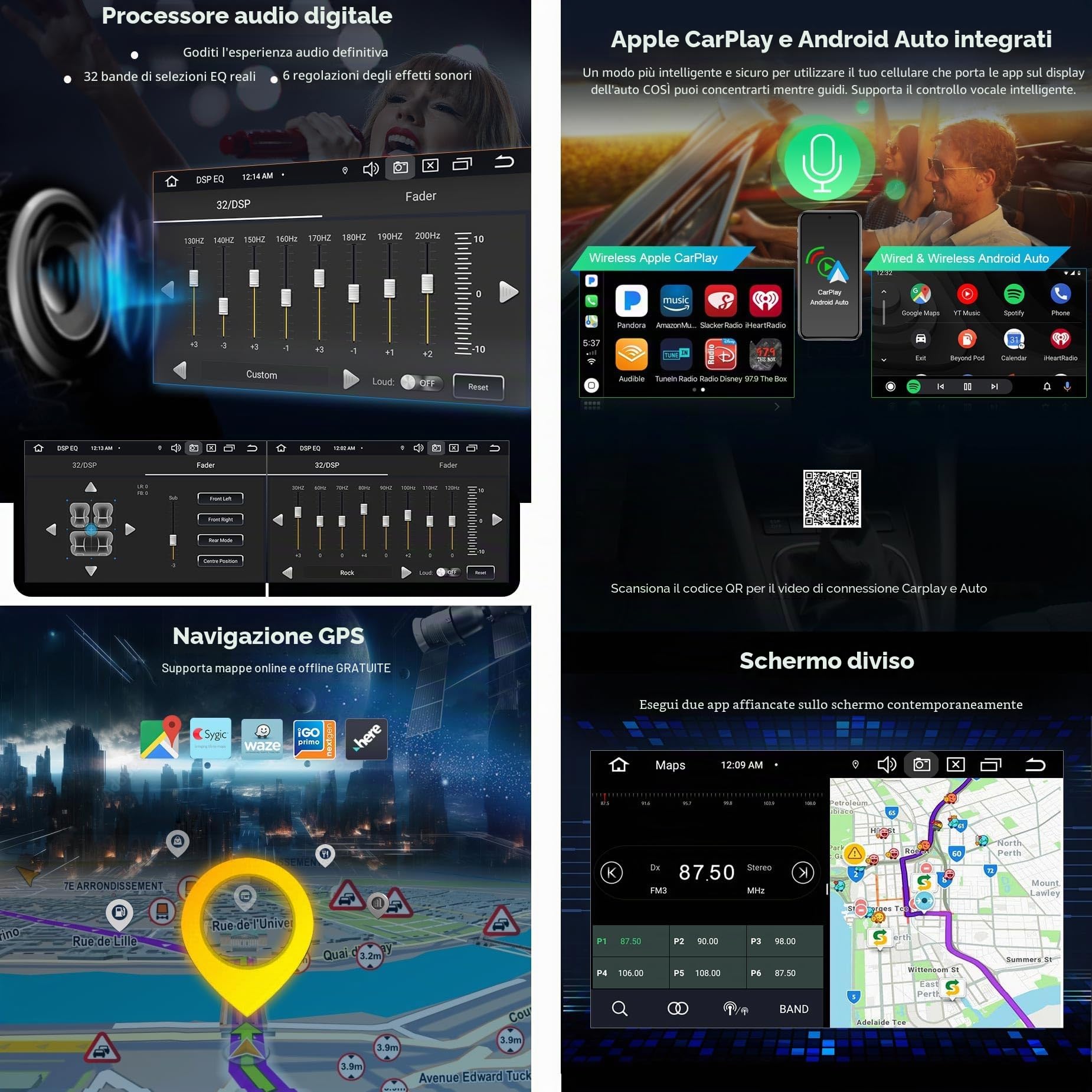 Android 14 8-Core 4GB+64GB Autoradio GPS Navigatore per Fiat Grande Punto Linea Supporta Bluetooth 5.0 Wireless CarPlay Android Auto WiFi 4G DSP RDS Canbus 7 pollici Touchscreen